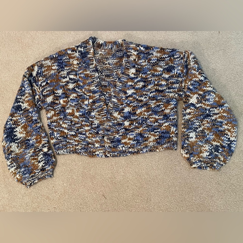 Blue, Brown and White Hand Knit Cropped Cardigan